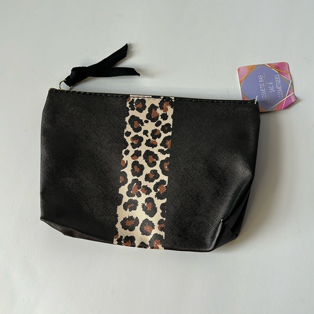 6x8 Zippered Cosmetic Travel Bag Brown with Leopard Trim
